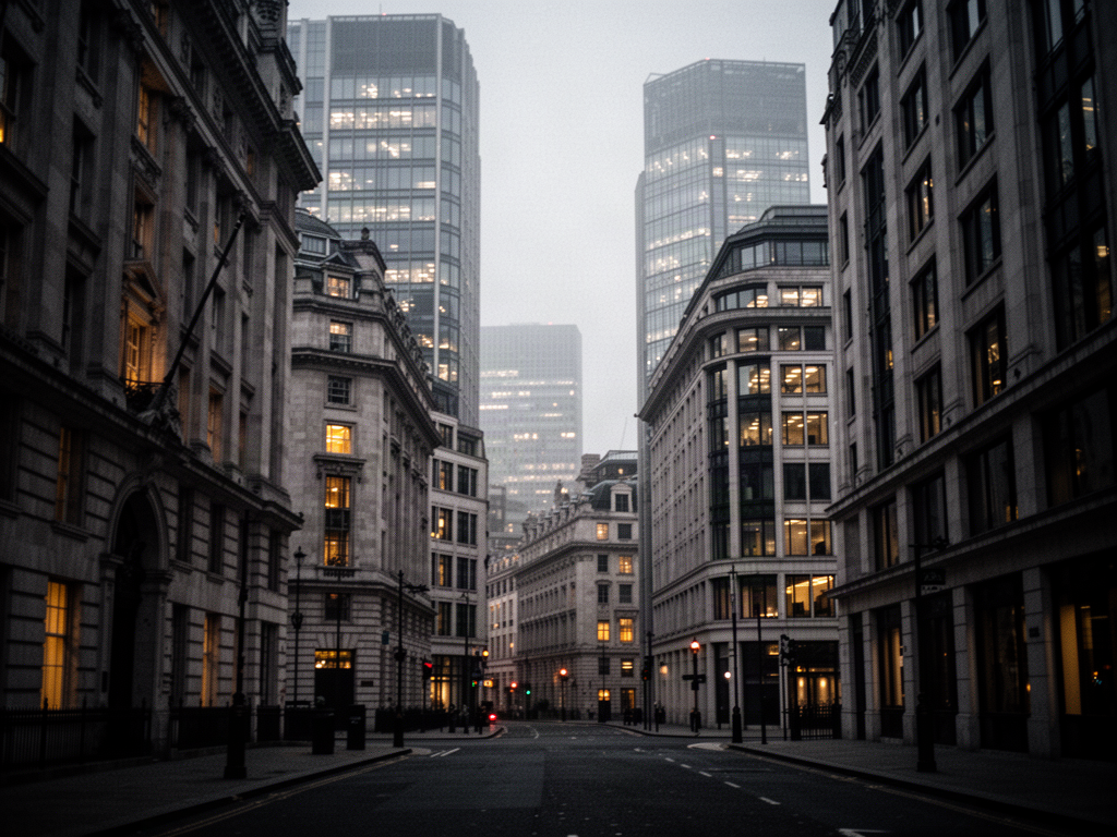 Stone and glass office buildings in the City of London at dusk