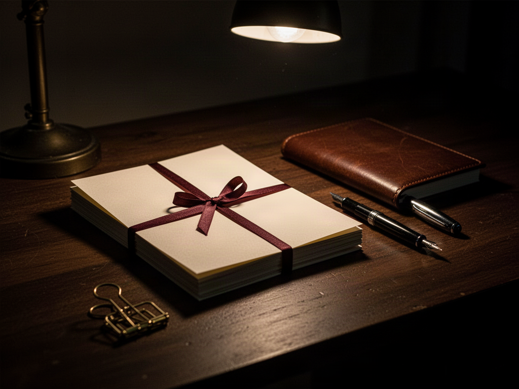 A bound stack of papers, a notebook and a pen on a dark desk under a lamp